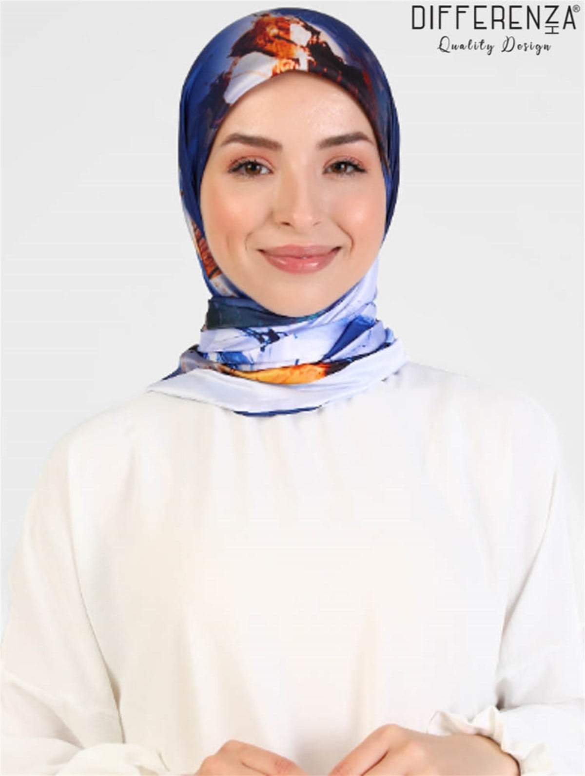 Rose Boyama Desenli Eşarp-Lacivert