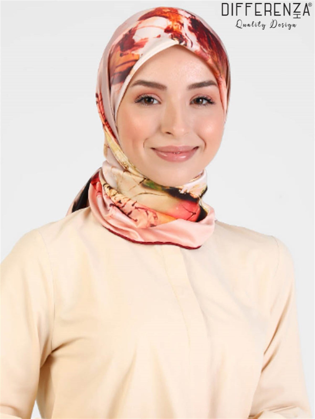 Rose Boyama Desenli Eşarp-Vizon