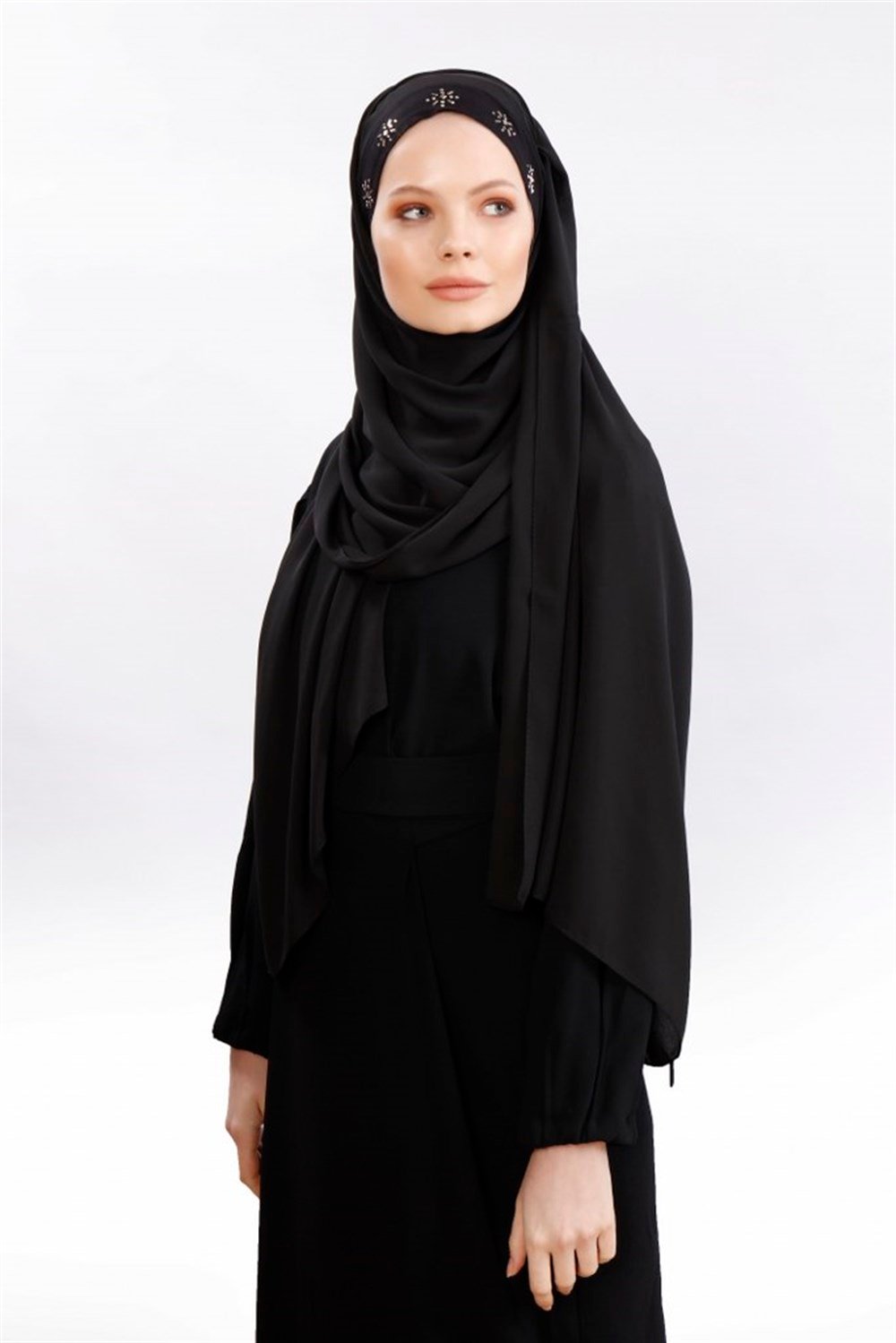 Sunny Taşlı Krep Şal-Siyah Çapraz