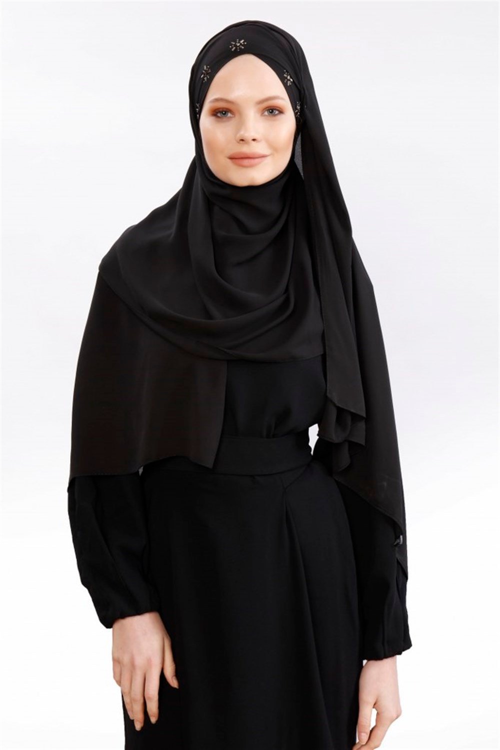 Sunny Taşlı Krep Şal-Siyah Düz