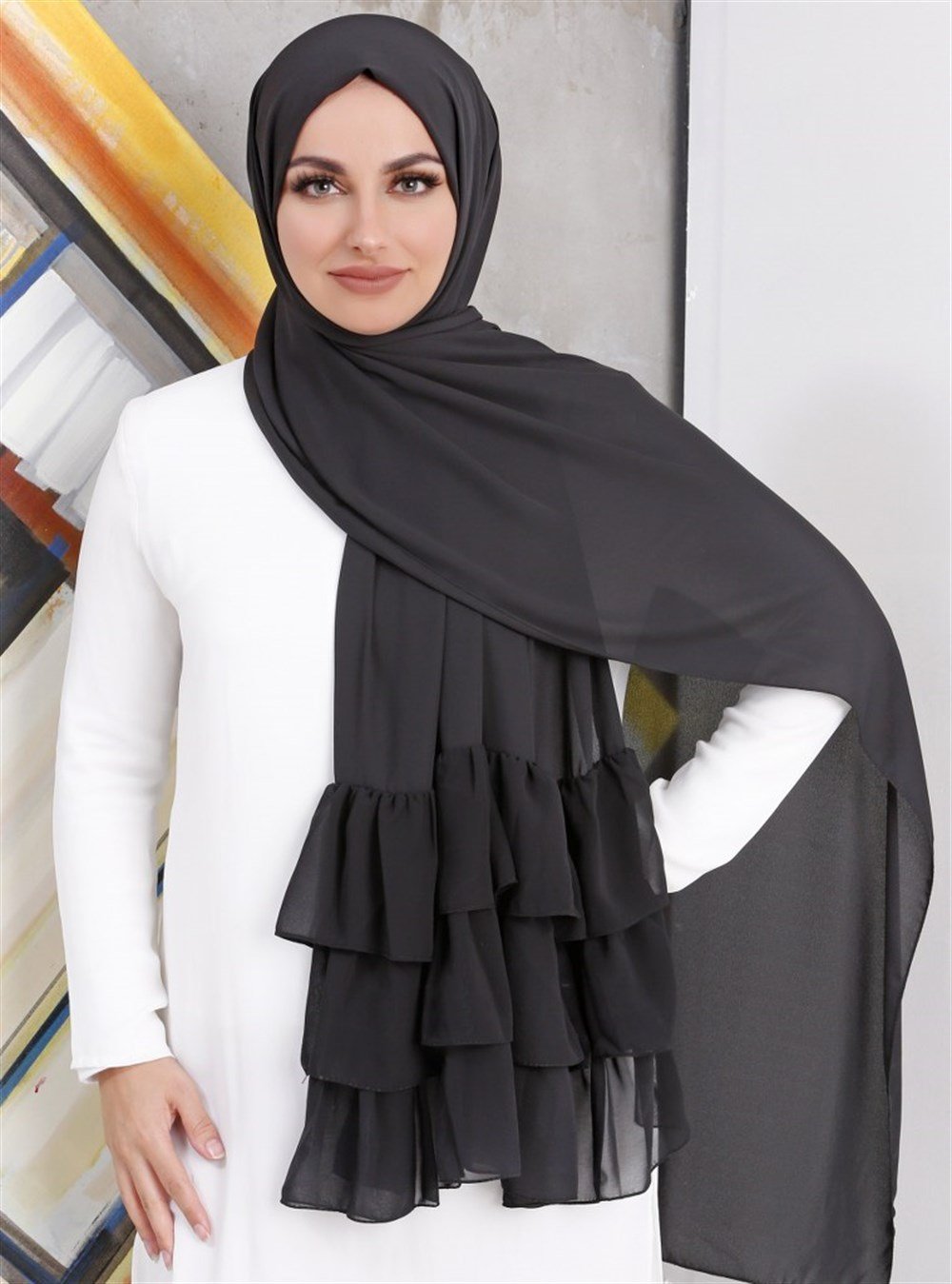 Üç Pile Krep Şal-Siyah