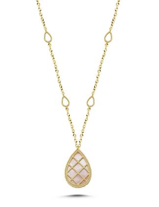 Çift Taraflı Pembe Beyaz Sedefli DamlaAltın Kolye