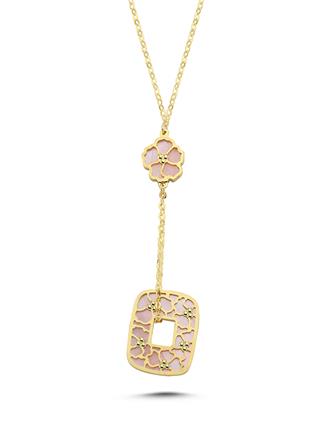 Çift Taraflı Pembe Beyaz Sedefli Altın Kolye