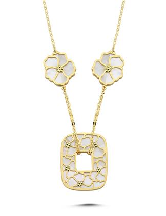 Çift Taraflı Pembe Beyaz Sedefli Altın Kolye