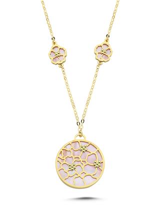 Çift Taraflı Pembe Beyaz Sedefli Altın Kolye