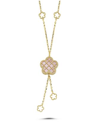 Çift Taraflı Pembe Beyaz Sedefli Altın Kolye