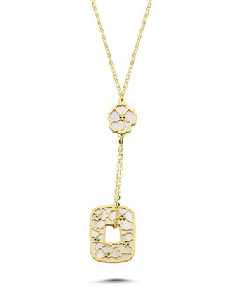 Çift Taraflı Pembe Beyaz Sedefli Altın Kolye