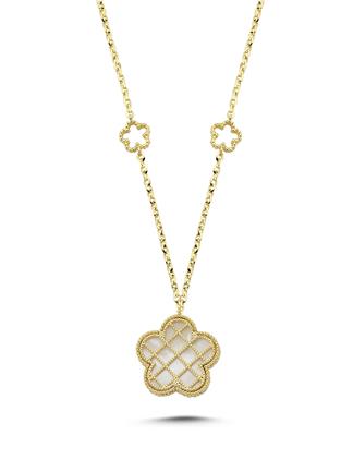 Çift Taraflı Pembe Beyaz Sedefli Altın Kolye