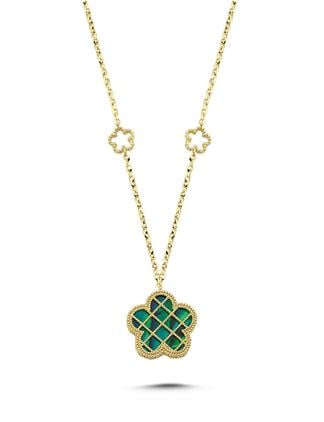 Çift Taraflı Yeşil Beyaz Sedefli Altın Kolye