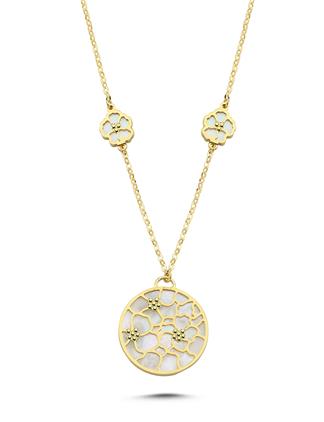 Çift Taraflı Pembe Beyaz Sedefli Altın Kolye