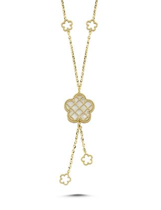 Çift Taraflı Pembe Beyaz Sedefli Altın Kolye