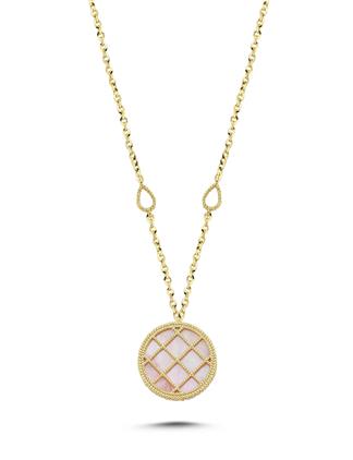 Çift Taraflı Pembe Beyaz Sedefli Altın Kolye