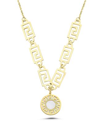 Çift Taraflı Mavi Beyaz Sedefli Altın Kolye