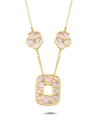 Çift Taraflı Pembe Beyaz Sedefli Altın Kolye