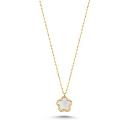 Çift Taraflı Pembe Beyaz Sedefli Altın Kolye