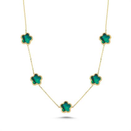 Çift Taraflı Yeşil Beyaz Sedefli Altın Kolye