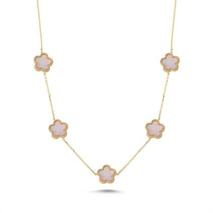 Çift Taraflı Pembe Beyaz Sedefli Altın Kolye