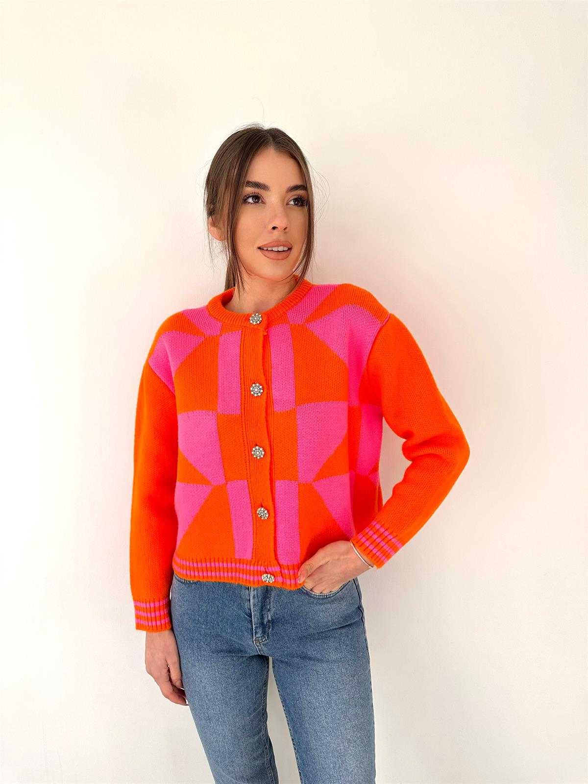 Geometrik Desenli Hırka Turuncu-Pembe