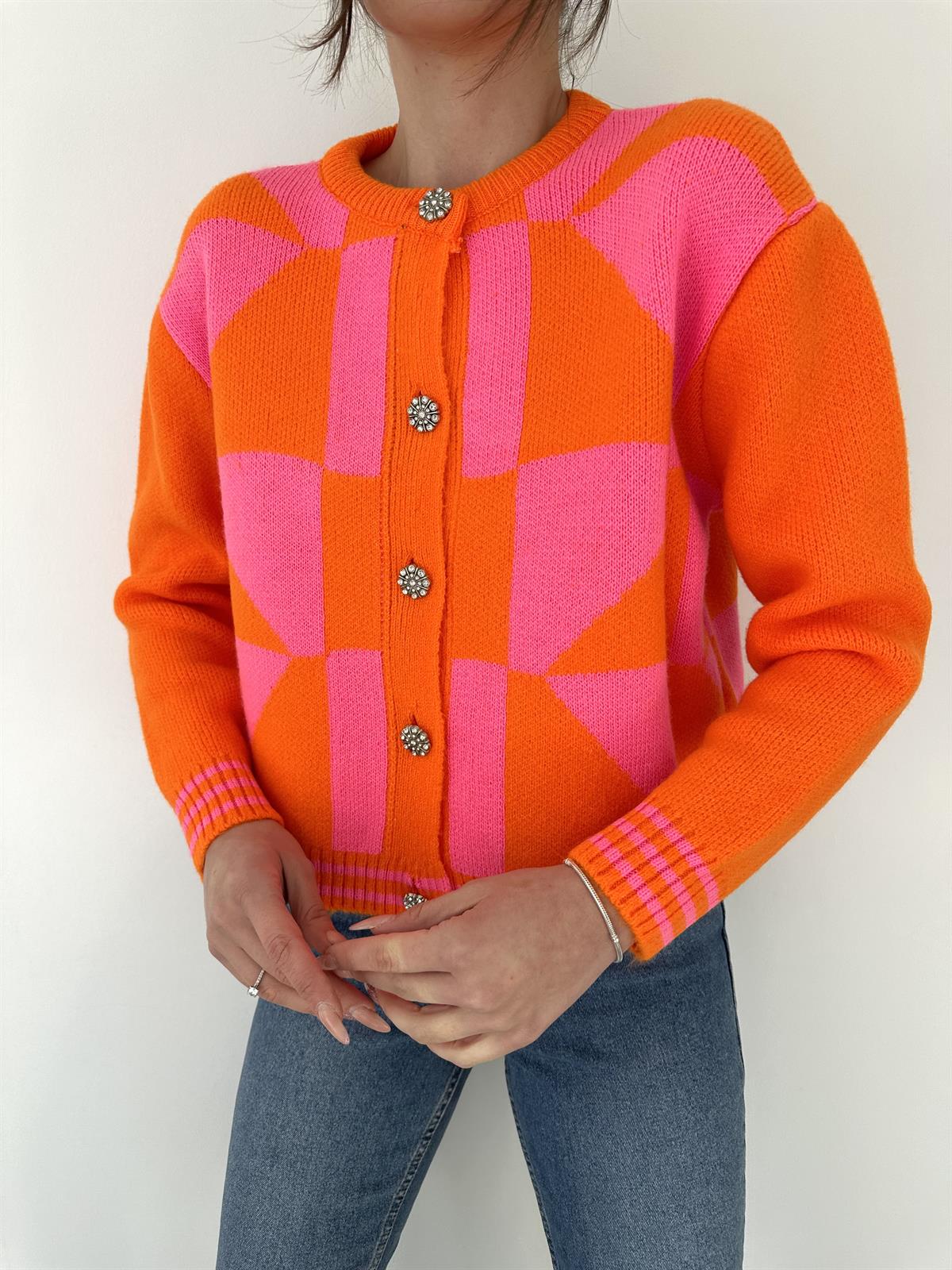 Geometrik Desenli Hırka Turuncu-Pembe