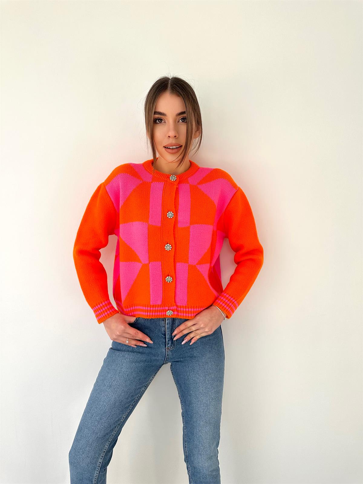 Geometrik Desenli Hırka Turuncu-Pembe