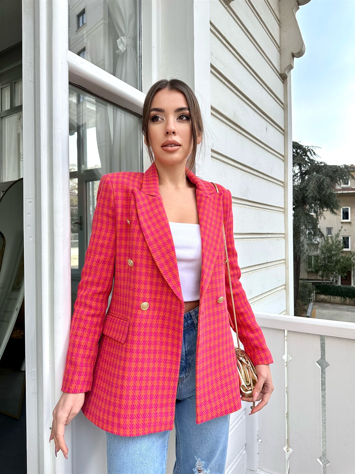 Kareli Pembe Tüvit Ceket