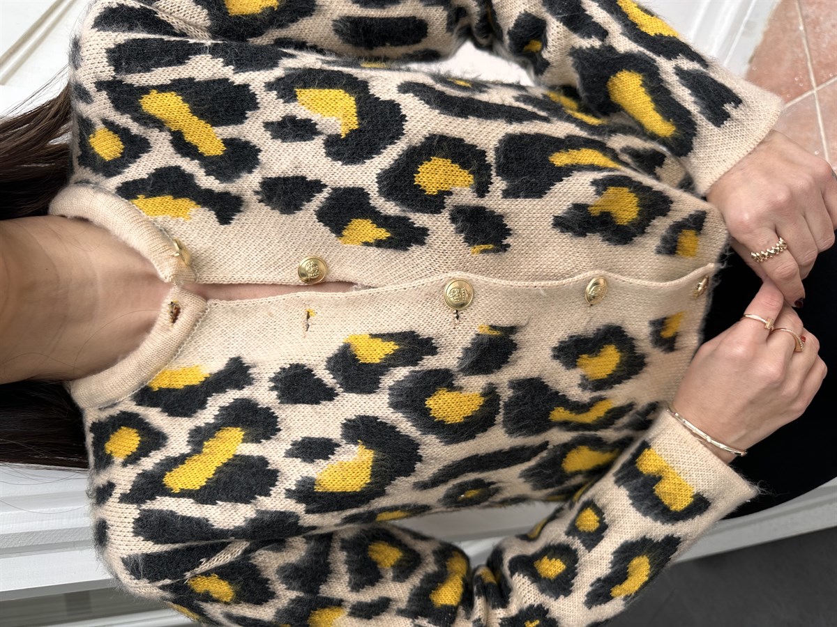 Kısa Leopar Şardonlu Hırka Milk Antrasit