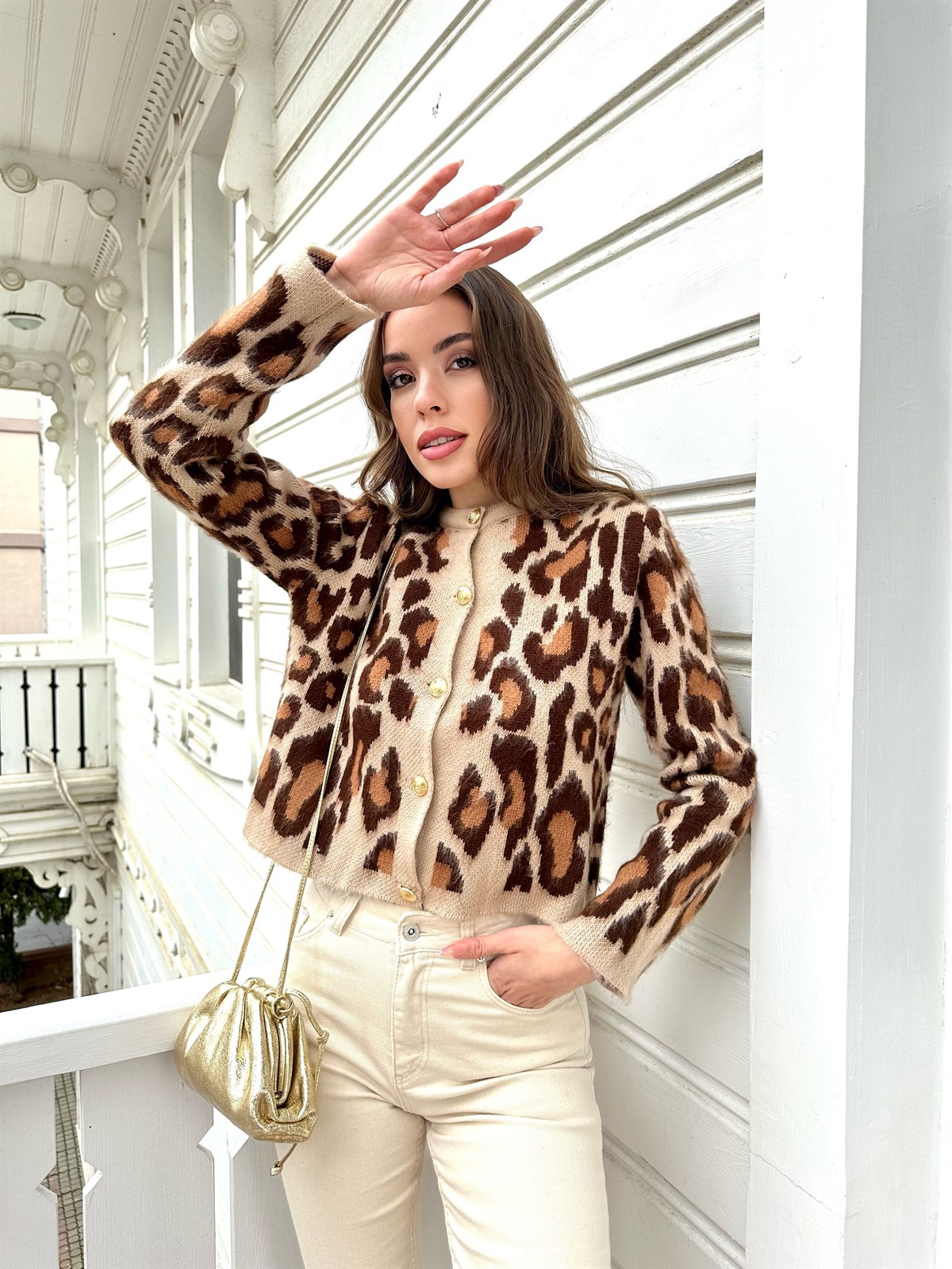 Kısa Leopar Şardonlu Hırka Camel-Acı Kahve