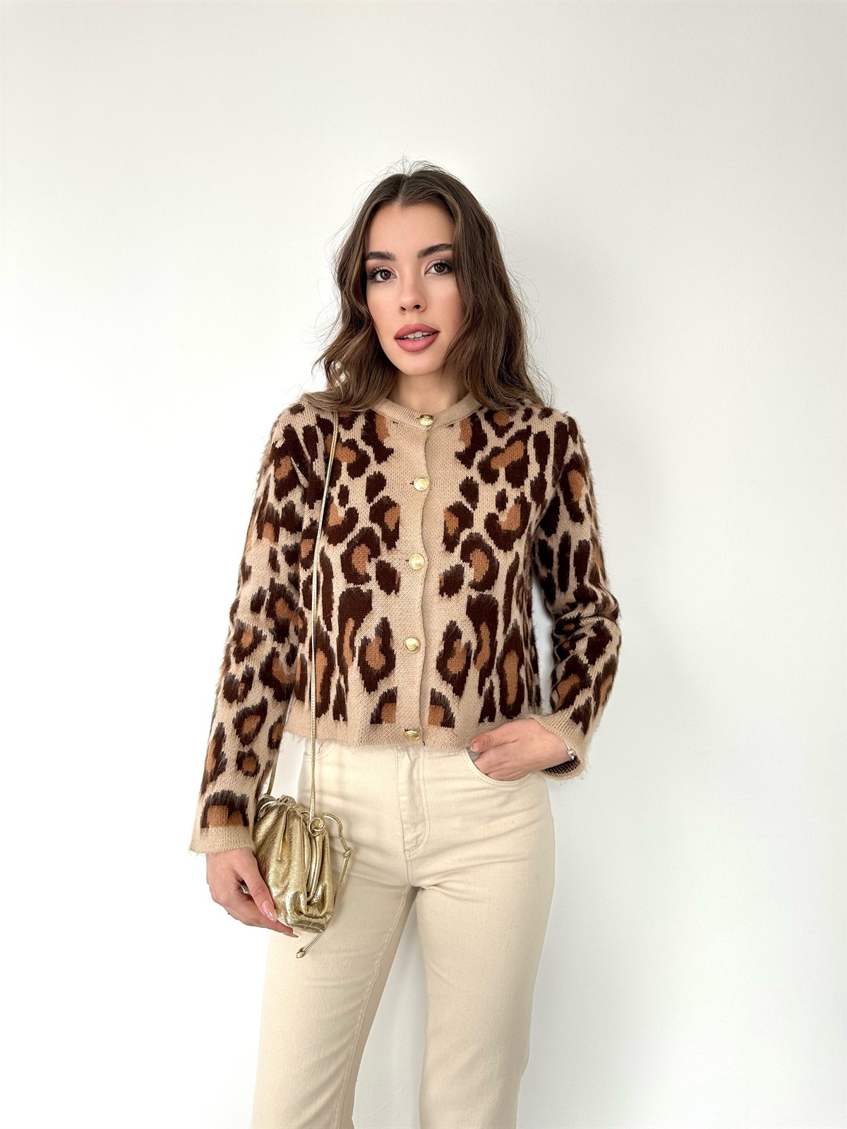 Kısa Leopar Şardonlu Hırka Camel-Acı Kahve
