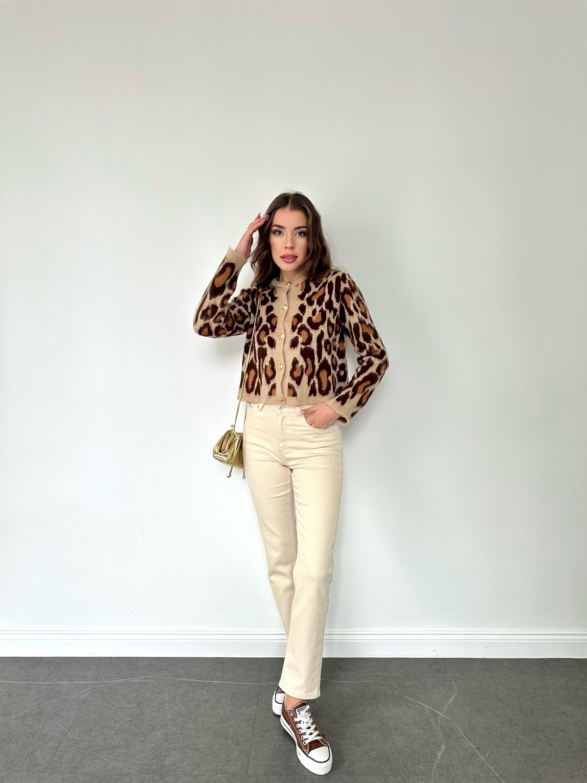 Kısa Leopar Şardonlu Hırka Camel-Acı Kahve