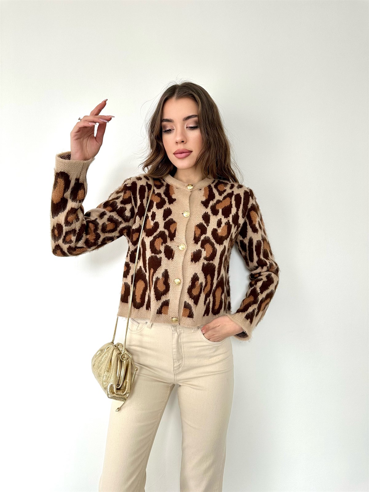 Kısa Leopar Şardonlu Hırka Camel-Acı Kahve