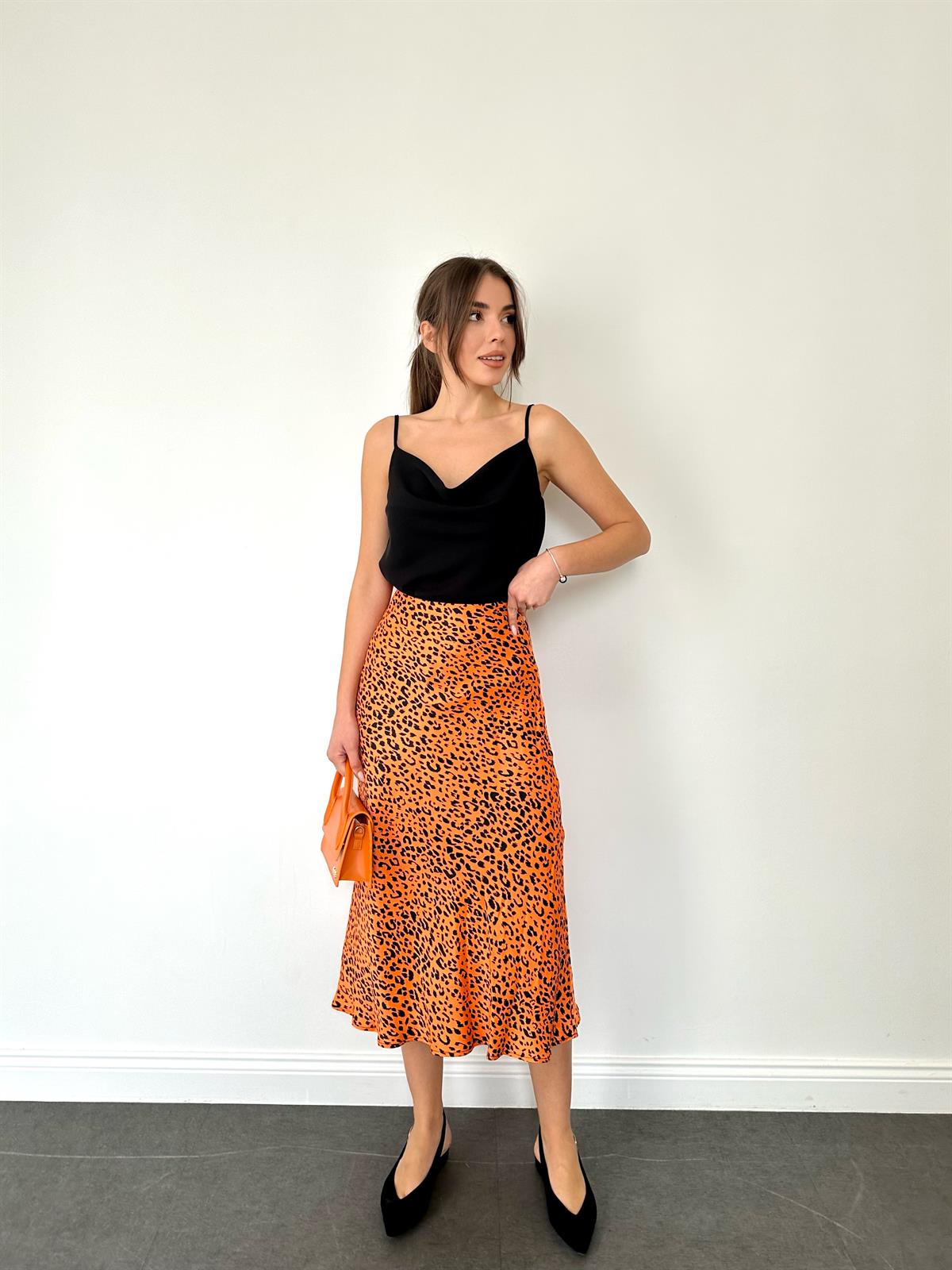 Leopar Desen Saten Etek Oranj