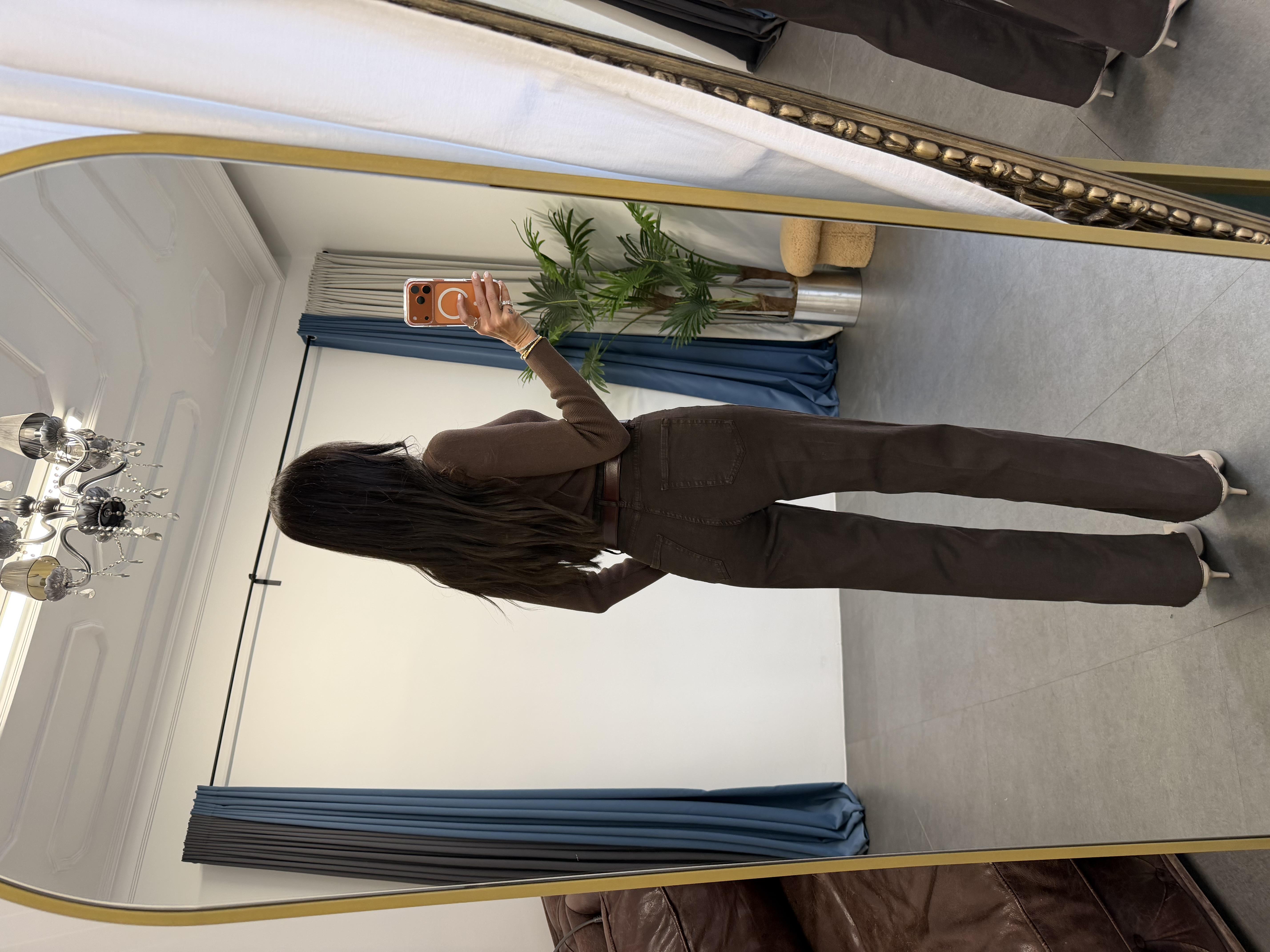 Bitter Kahve Kesik Paça Straight Denim