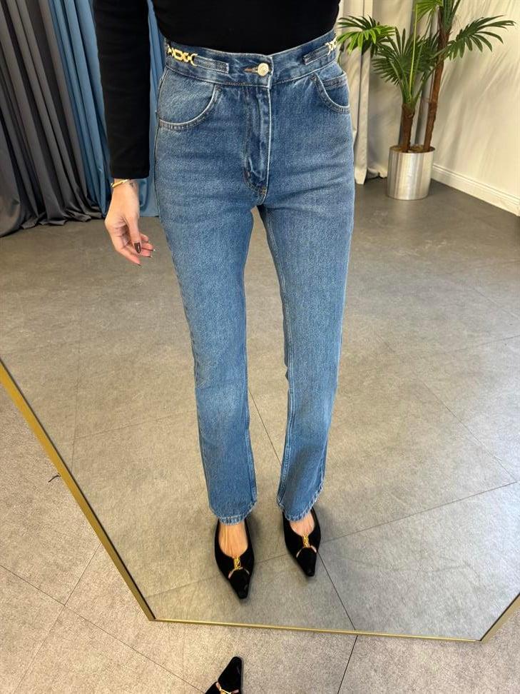 Açık Mavi Gold Detaylı Flare Denim Pantolon