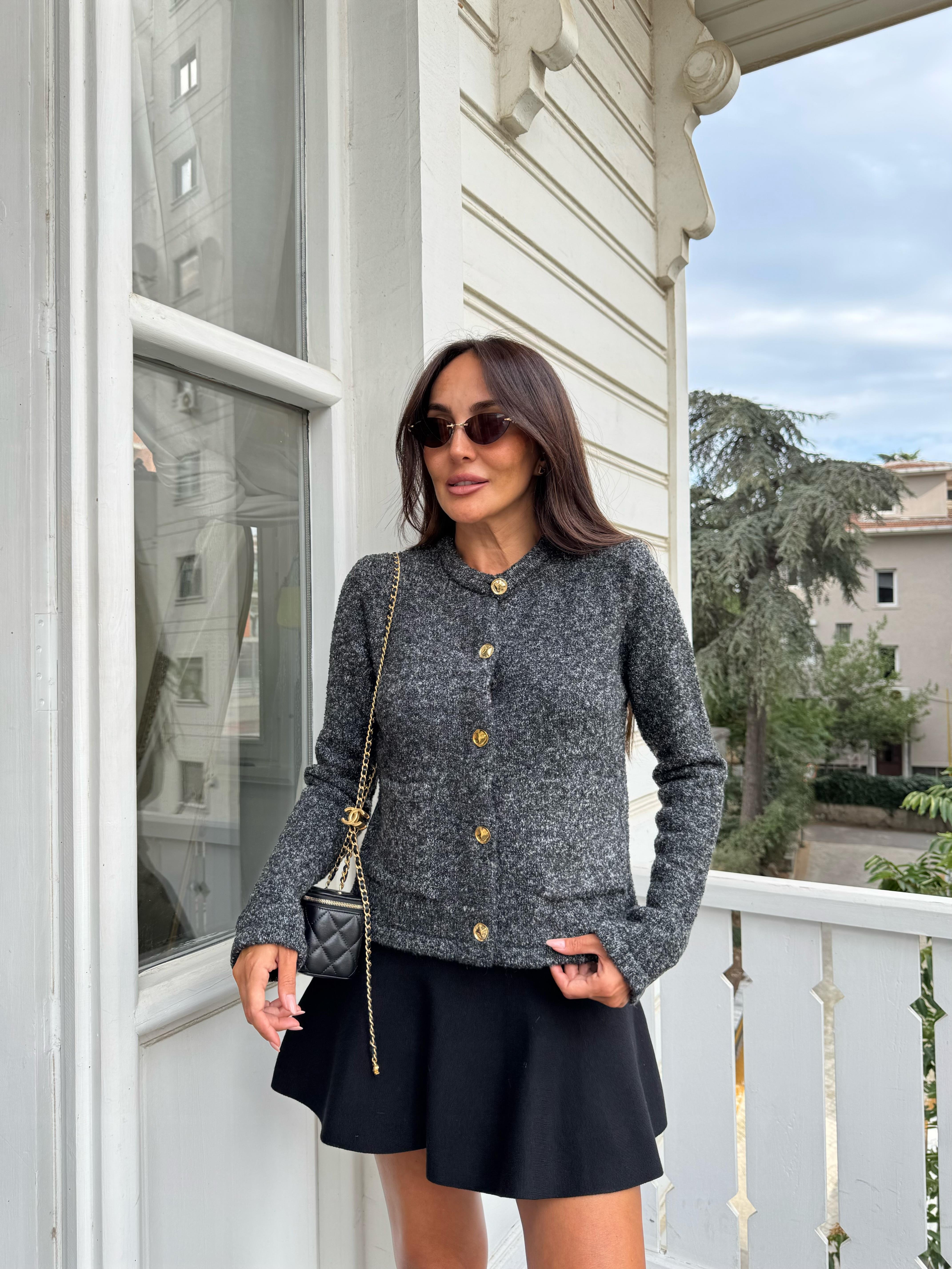 Antrasit Bisiklet Yaka Düğmeli Triko Hırka