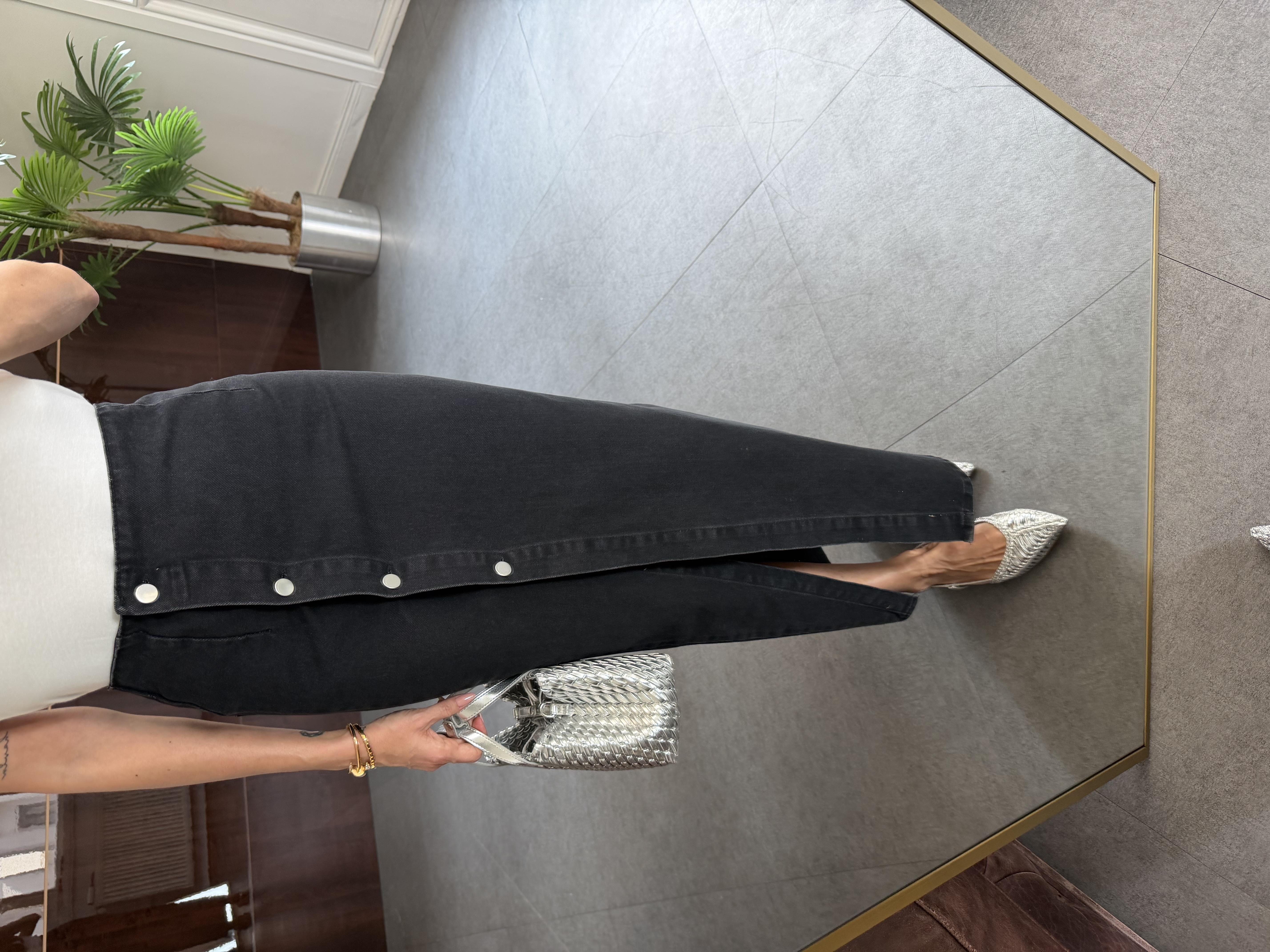 Antrasit Düğmeli Yırtmaçlı Midi Kot Etek