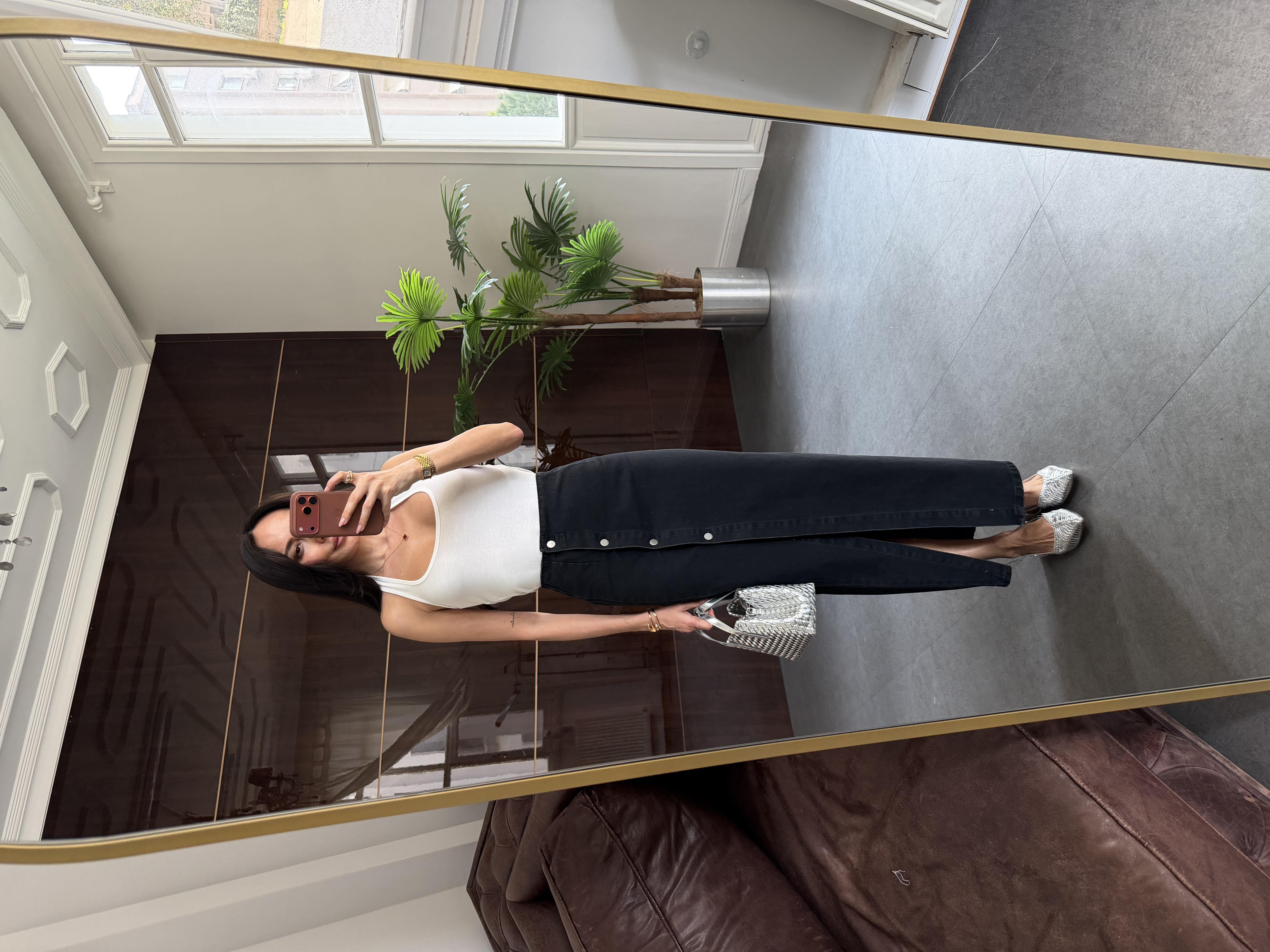 Antrasit Düğmeli Yırtmaçlı Midi Kot Etek