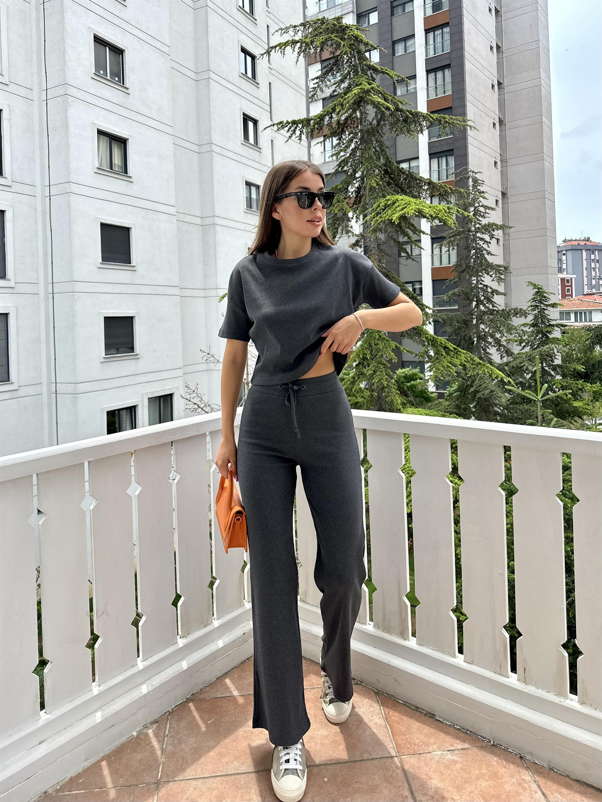 Antrasit Fitilli Pamuklu Kadın Takım