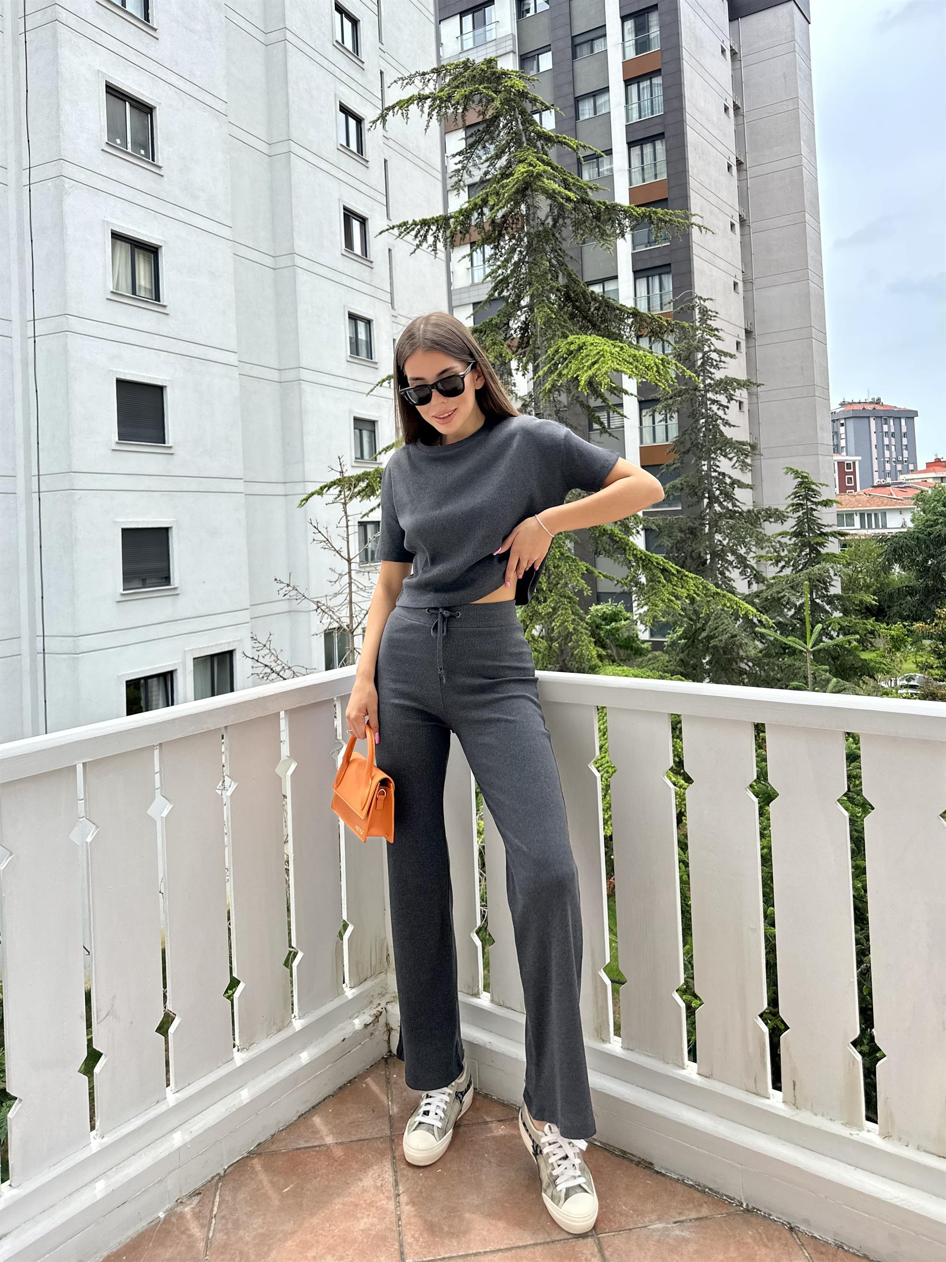 Antrasit Fitilli Pamuklu Kadın Takım