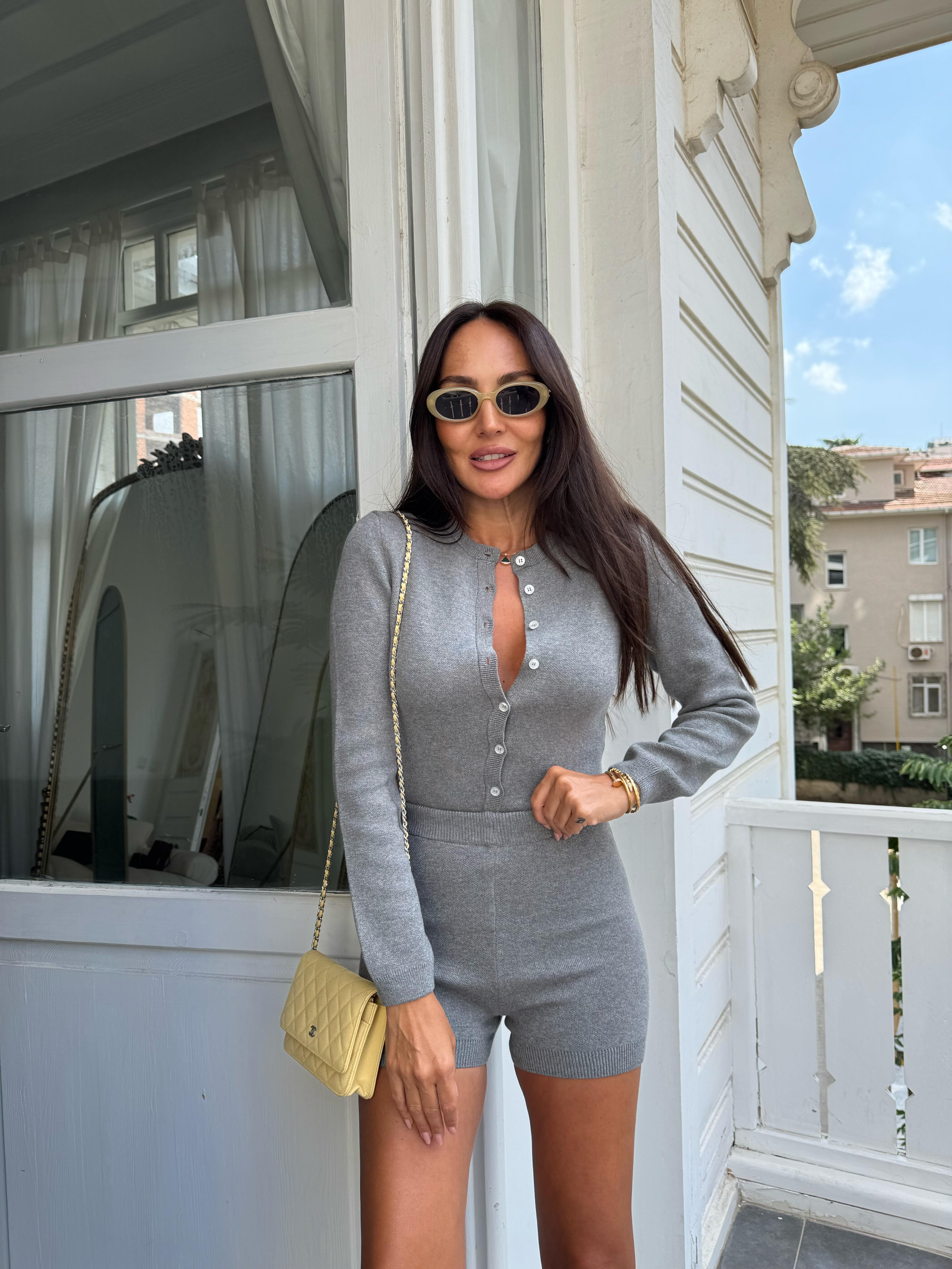 Antrasit Triko Bodysuit Şortlu Takım