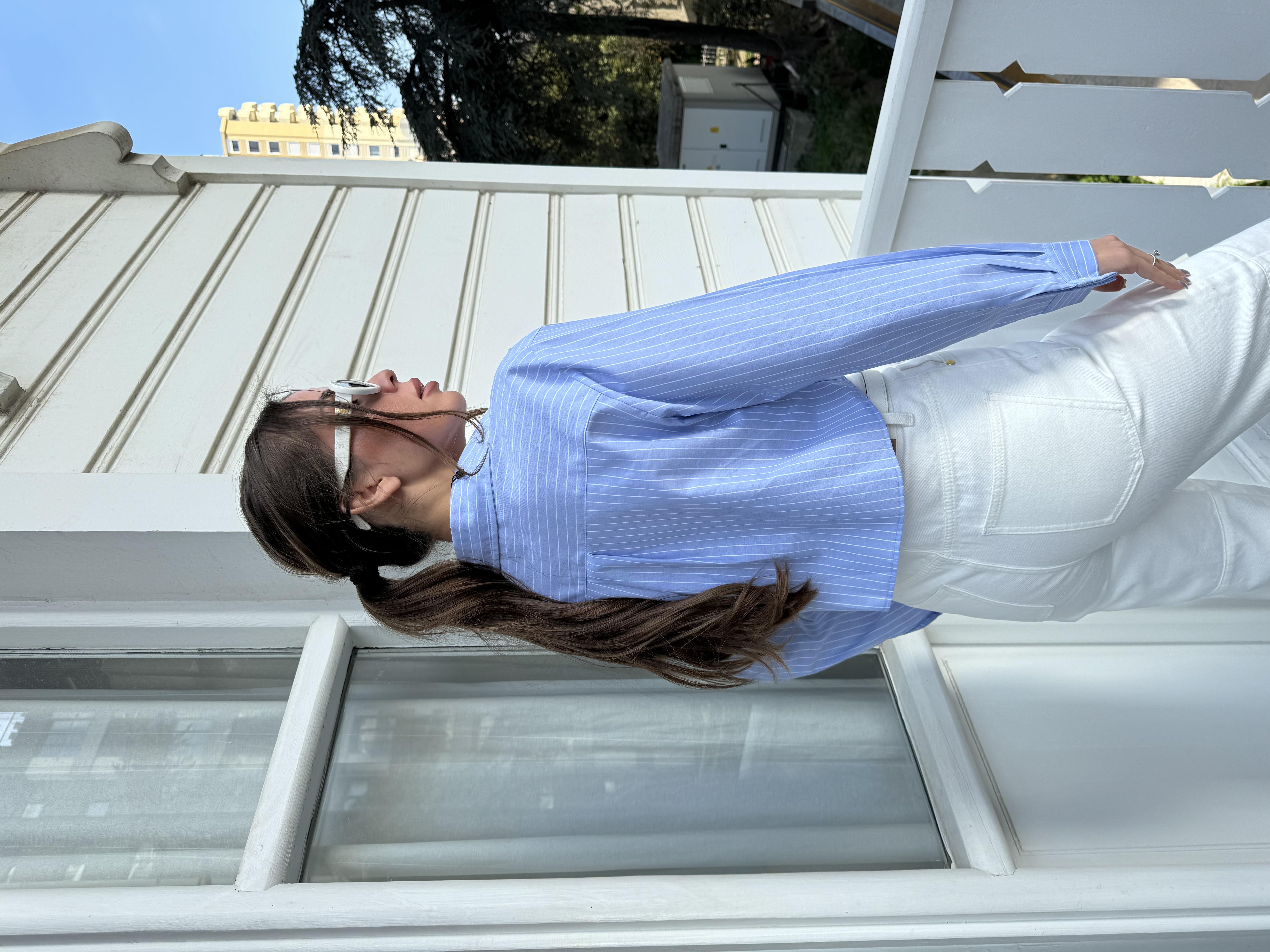 Bebe Mavisi Çizgili Crop Gömlek