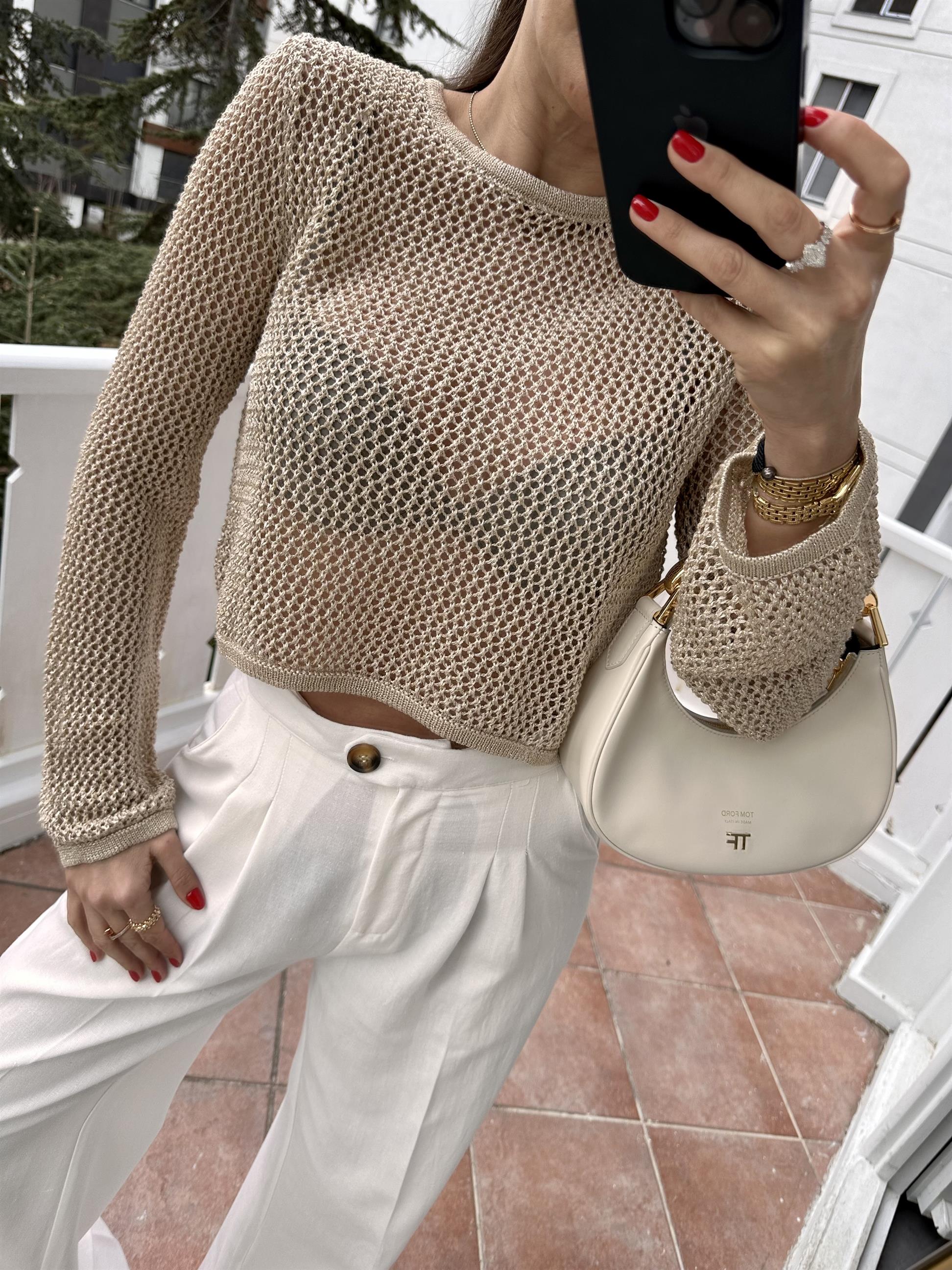 Bej Bisiklet Yaka Ajur Desen Crop Kazak