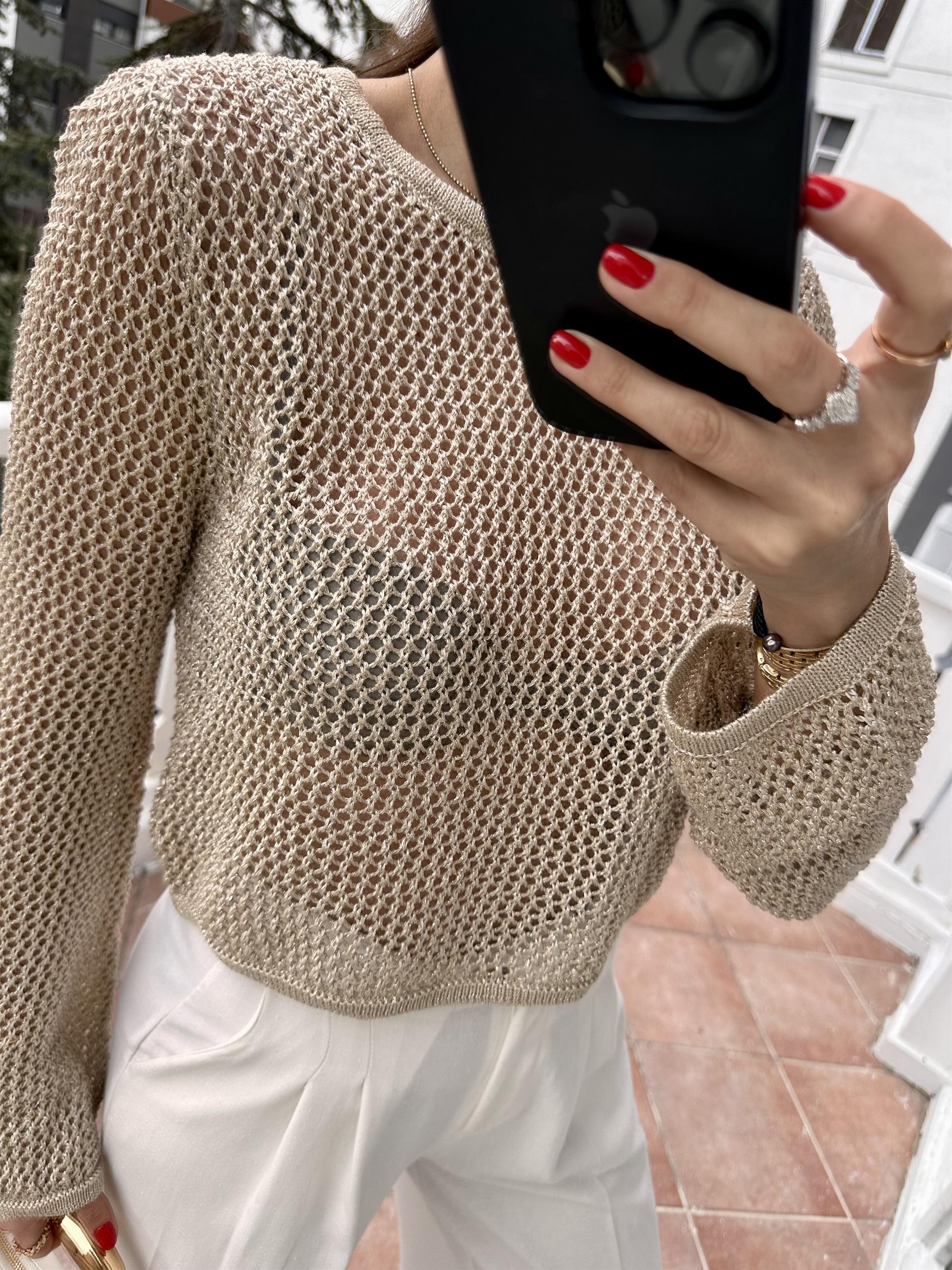 Bej Bisiklet Yaka Ajur Desen Crop Kazak