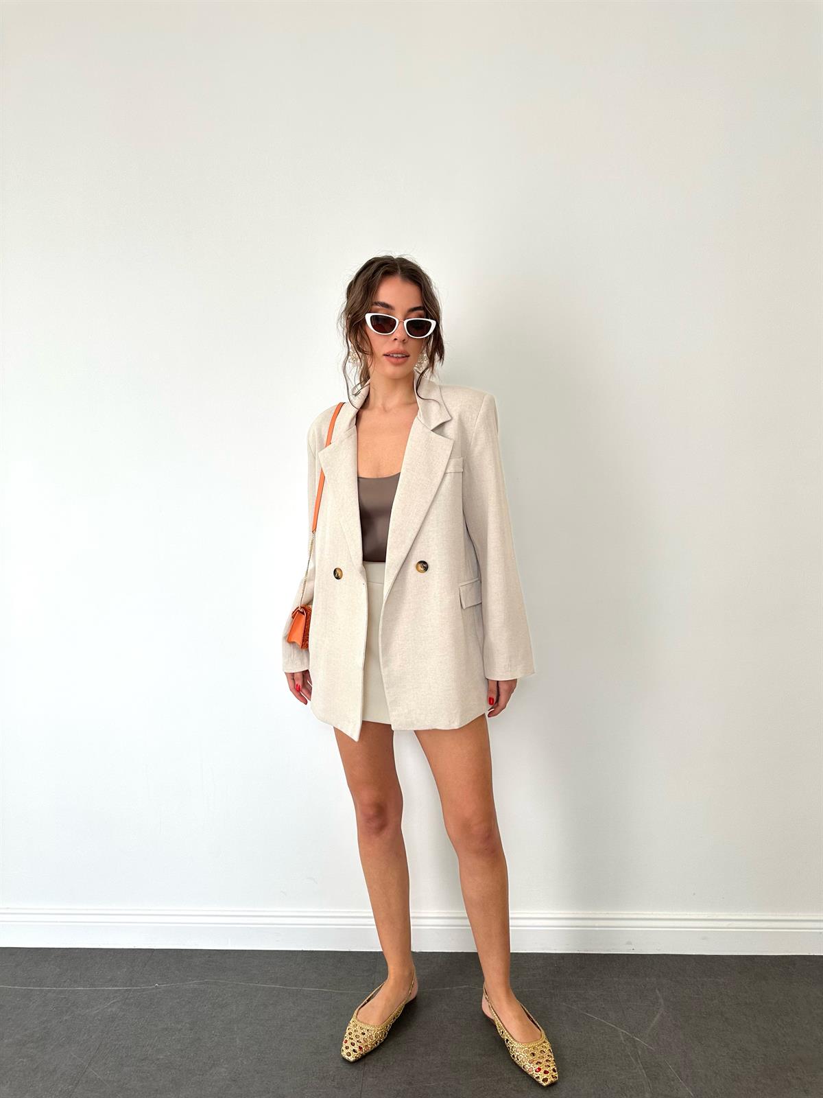 Bej Keten Blazer Ceket