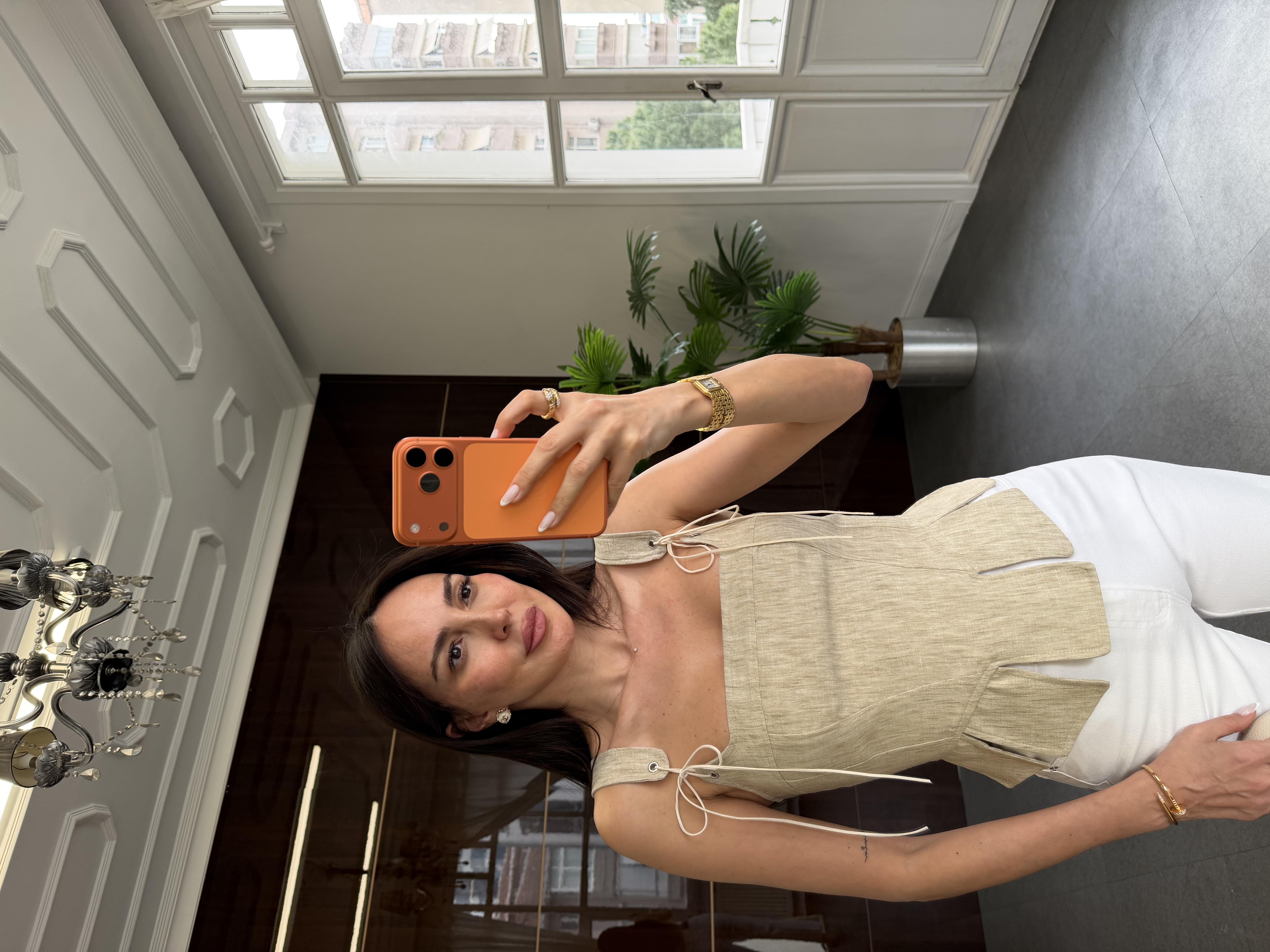 Bej Keten Görünümlü Korse Bluz