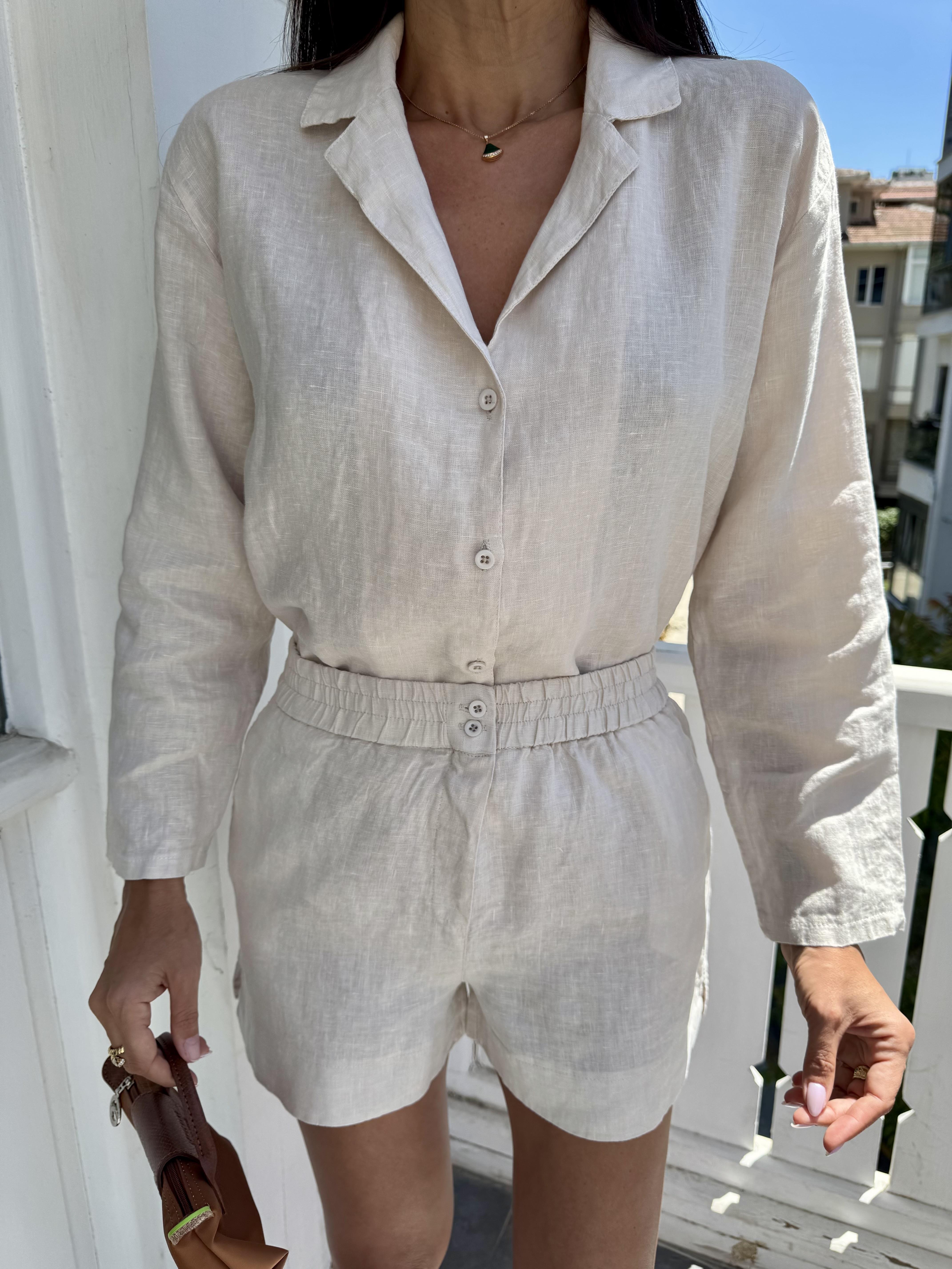 Bej Keten Şortlu Takım