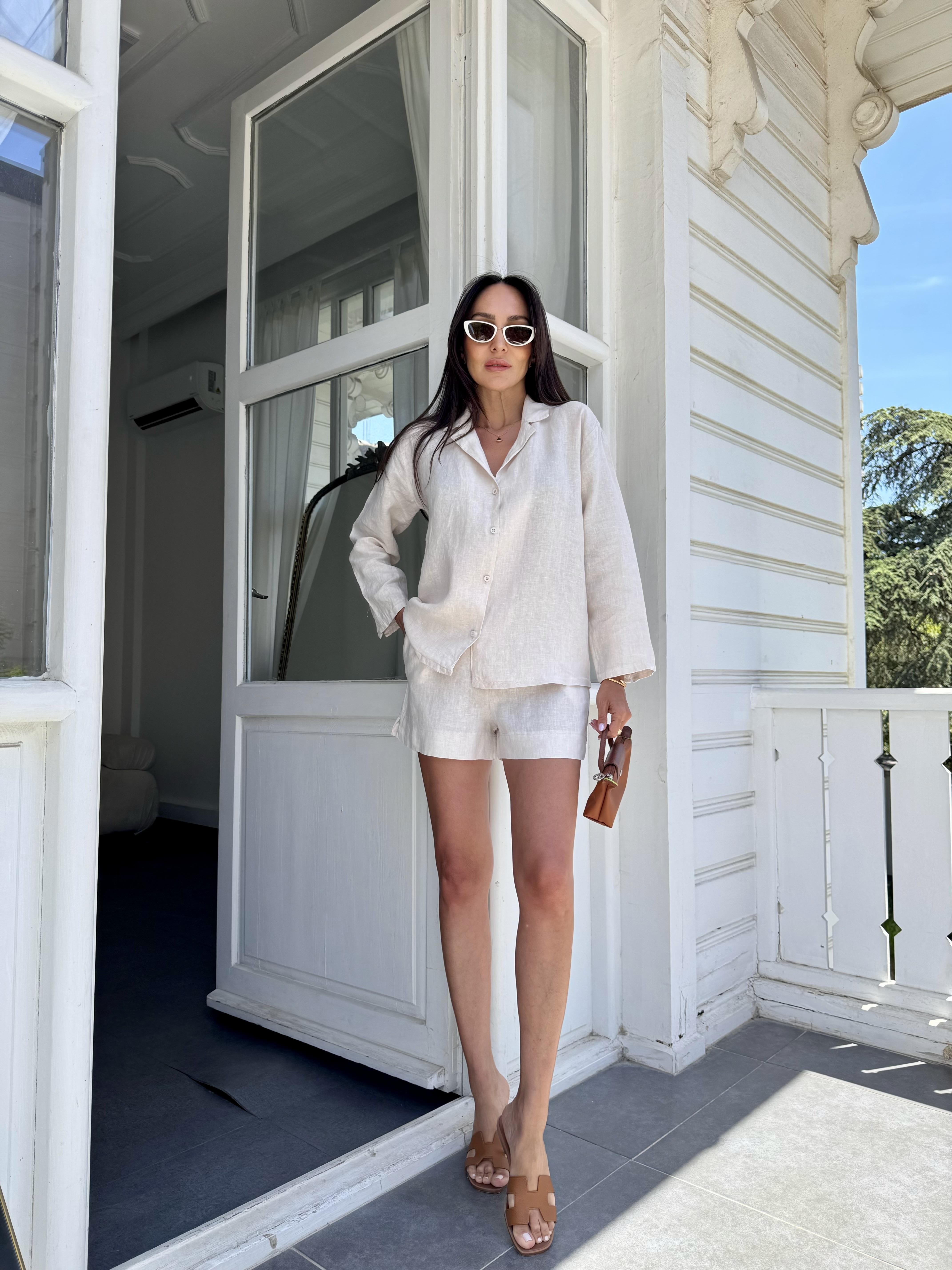 Bej Keten Şortlu Takım