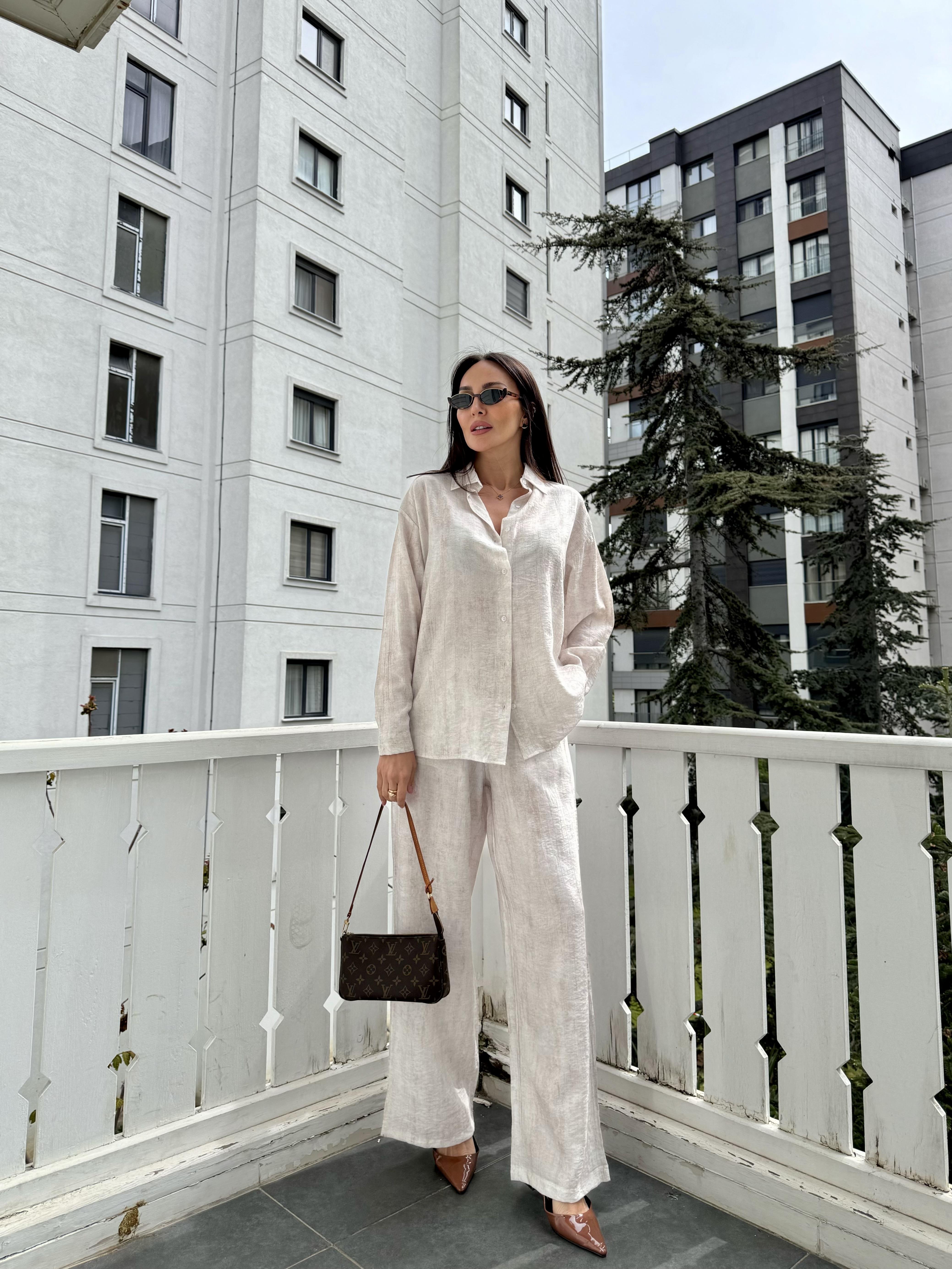 Bej Kırçıllı Gömlek Pantolon Takım