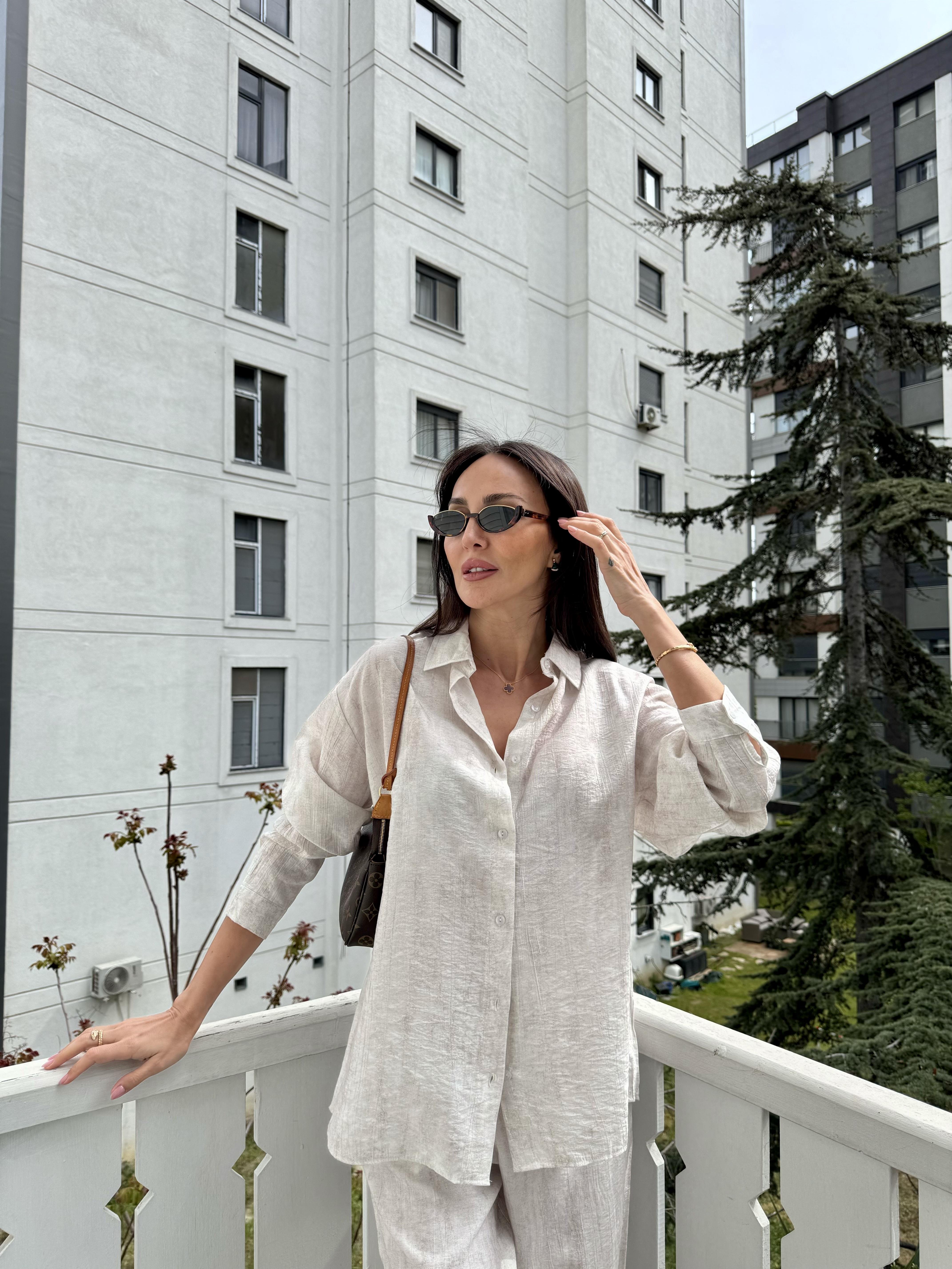 Bej Kırçıllı Gömlek Pantolon Takım