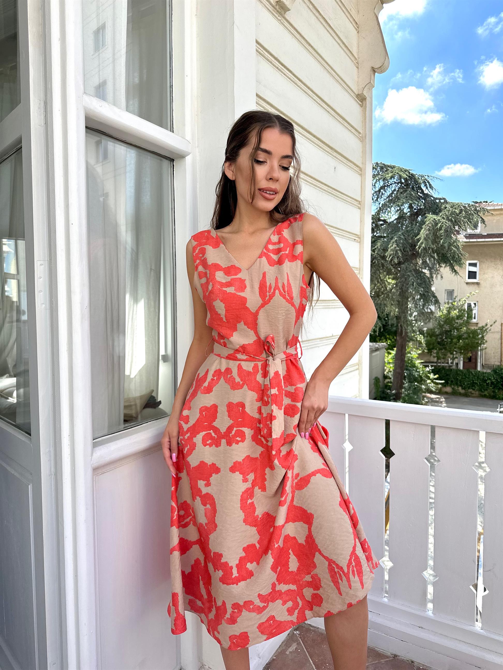 Bej Kolsuz Turuncu Desenli Midi Elbise