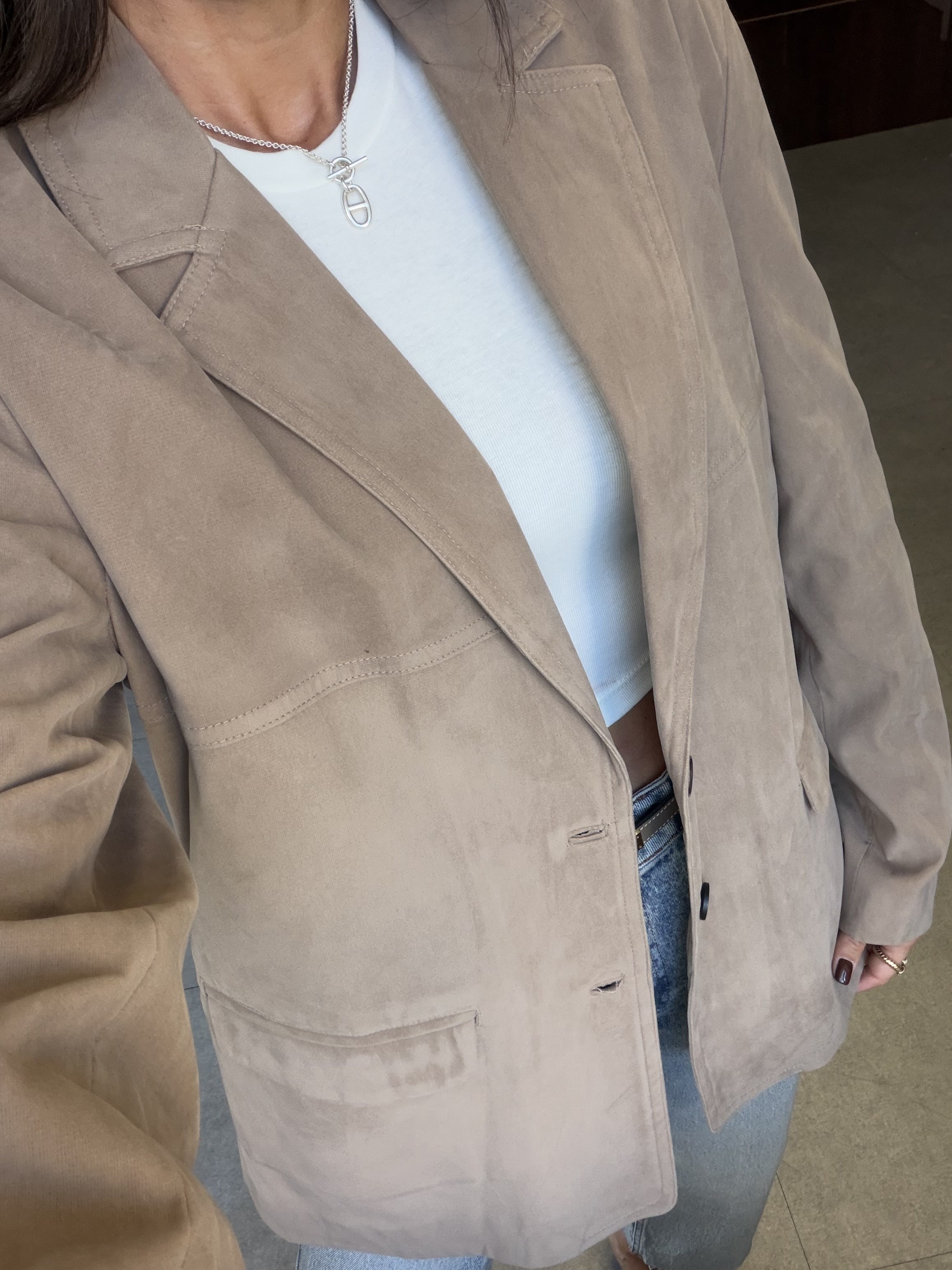 Bej Kuşaklı Süet Blazer Ceket